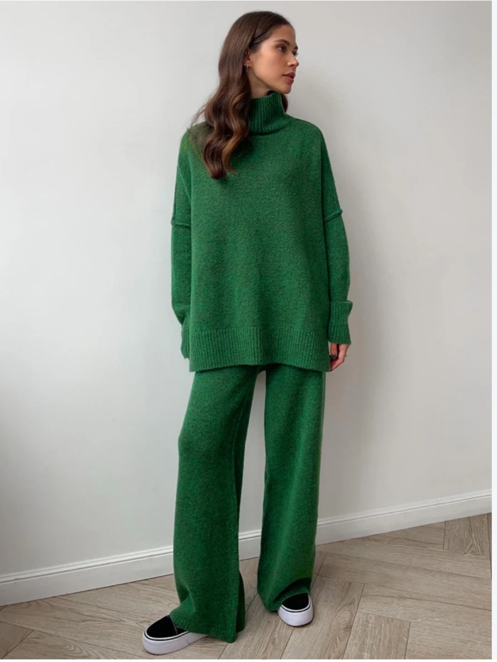 Commense Plain Turtleneck Knit Pants Set